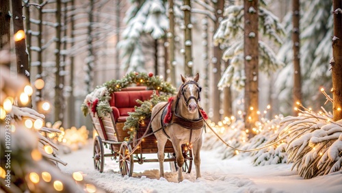Horse-drawn carriage in snowy christmas forest with festive lights