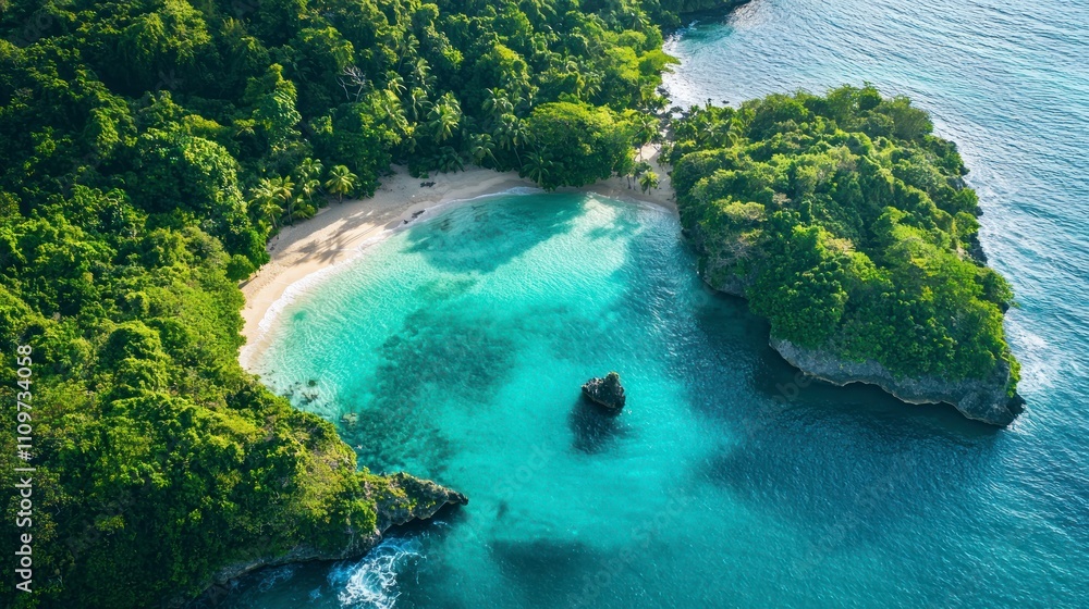 Aerial view of a tropical beach with turquoise water and lush green forest Aerial view of a tropical beach with turquoise water and lush green forest