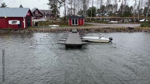 A Serene and Picturesque Waterfront Dock Featuring a Boat and Charming Red Cabins