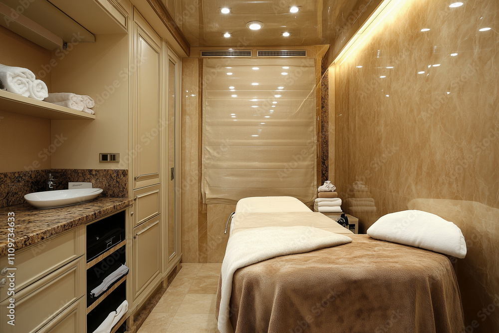 Fototapeta premium interior and treatment room in luxury beauty clinic, modern, stylish, beige and earth tones