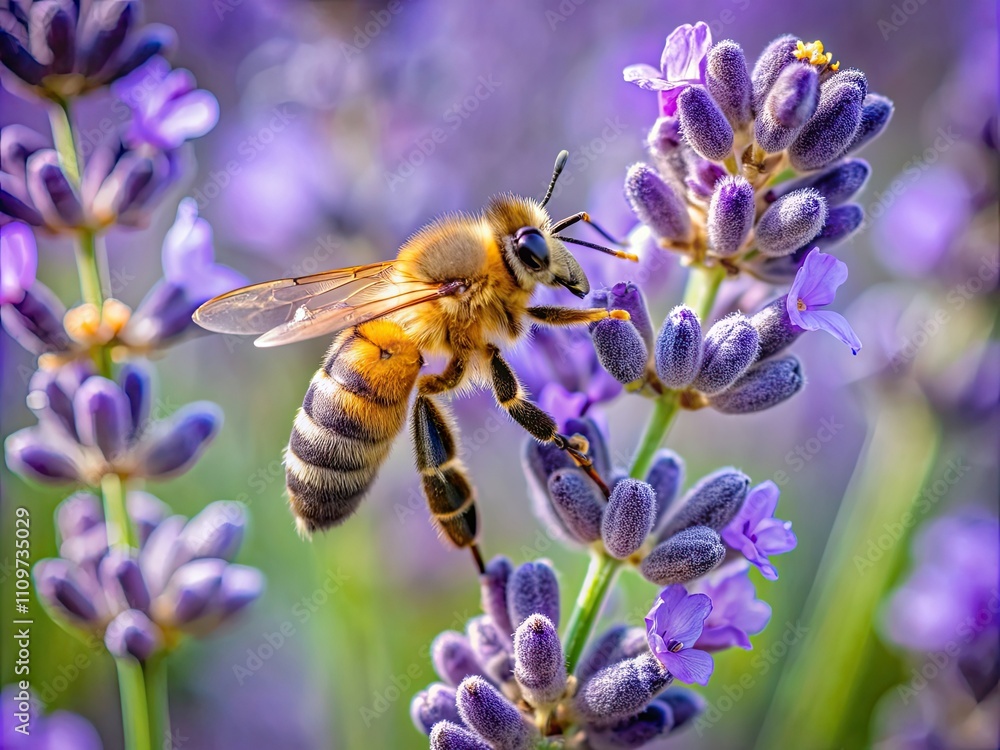 A bee is diligently collecting nectar from a lavender flower in a picturesque garden surrounded by blooming plants under clear blue skies A bee is diligently collecting nectar from a lavender flower in a picturesque garden surrounded by blooming plants under clear blue skies