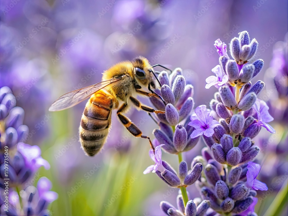 A bee is busy collecting nectar from blooming lavender flowers surrounded by a colorful and lively garden in broad daylight A bee is busy collecting nectar from blooming lavender flowers surrounded by a colorful and lively garden in broad daylight