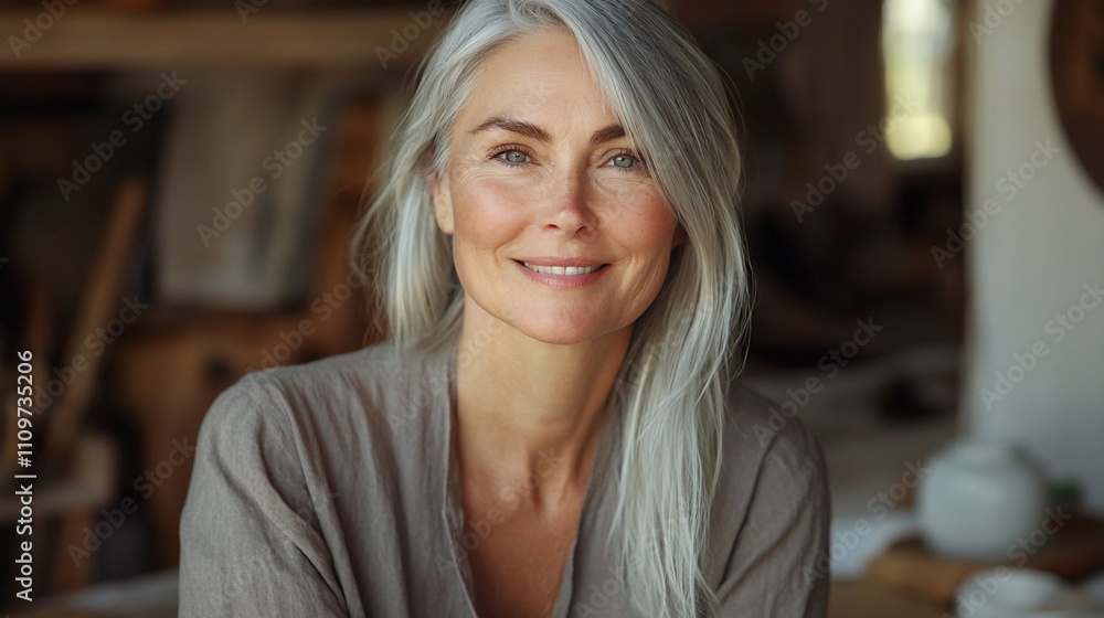 Smiling mature woman with silver hair. Smiling mature woman with silver hair.