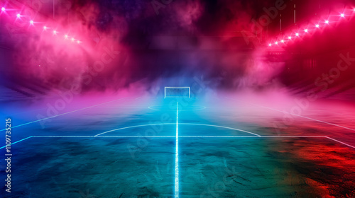 Textured soccer field with neon fog at the center, midfield area. 3D illustration.