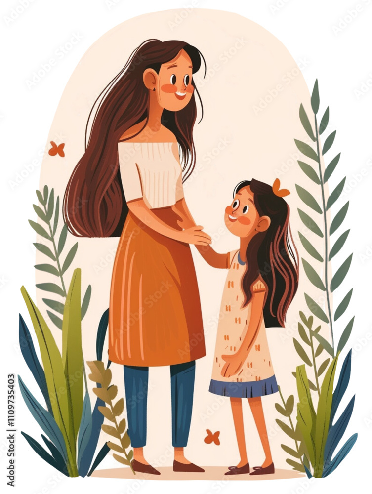 An illustration depicting a mother and daughter on a transparent background. An illustration depicting a mother and daughter on a transparent background.
