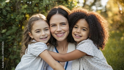 A mother shares a warm hug with her daughters creating a moment of love and connection in a bright garden filled with natural beauty