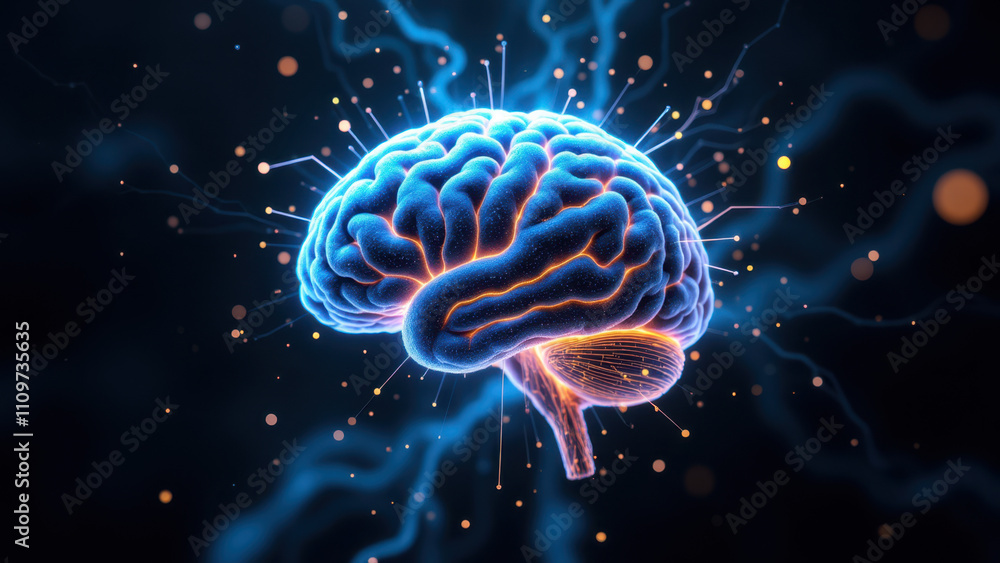 Fototapeta premium AGI-inspired futuristic brain with lightning bolts.