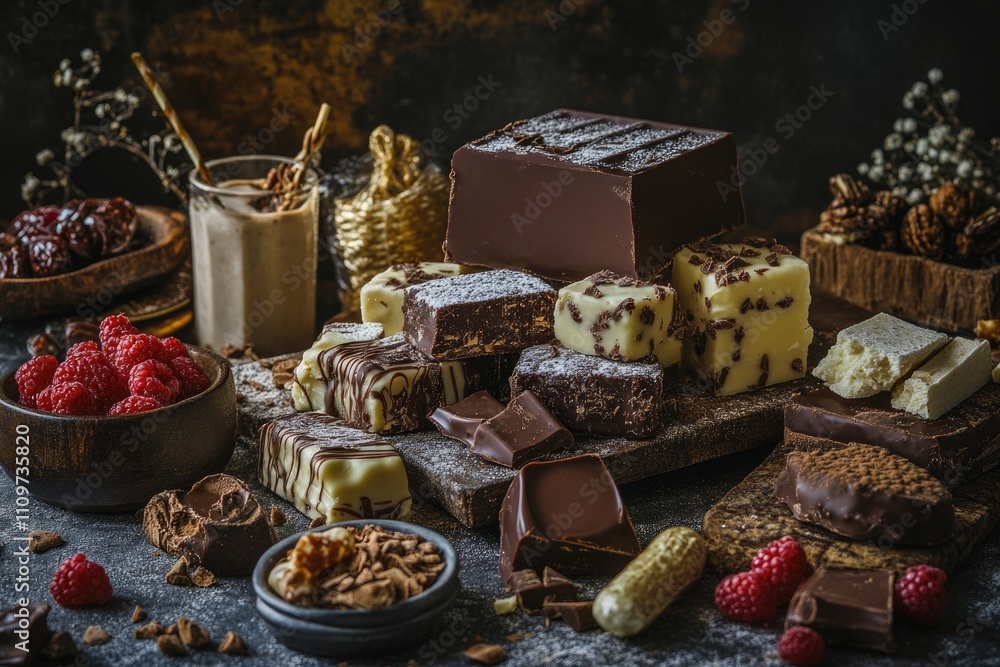 Delightful Assortment of Handmade Confectionery: Chocolate, Fudge, and Nougat Sweet Treats in Still Life Delightful Assortment of Handmade Confectionery: Chocolate, Fudge, and Nougat Sweet Treats in Still Life