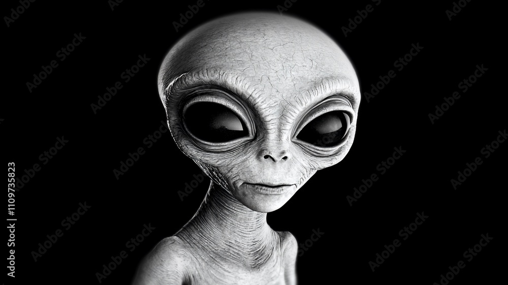 Close-up grayscale alien face, large eyes, smooth skin. Close-up grayscale alien face, large eyes, smooth skin.