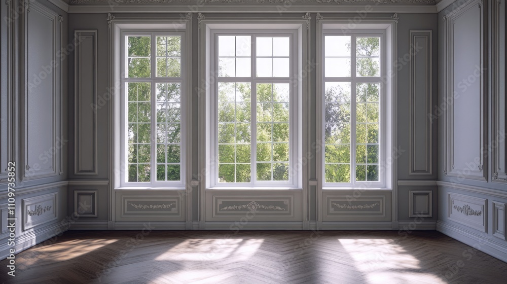 Scandinavian Classic Interior: Bright Empty Room with White Windows and Wooden Floors Overlooking Nature Scandinavian Classic Interior: Bright Empty Room with White Windows and Wooden Floors Overlooking Nature