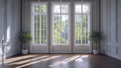 Scandinavian Vintage Room with White Windows and Elegant Moulding Overlooking Nature