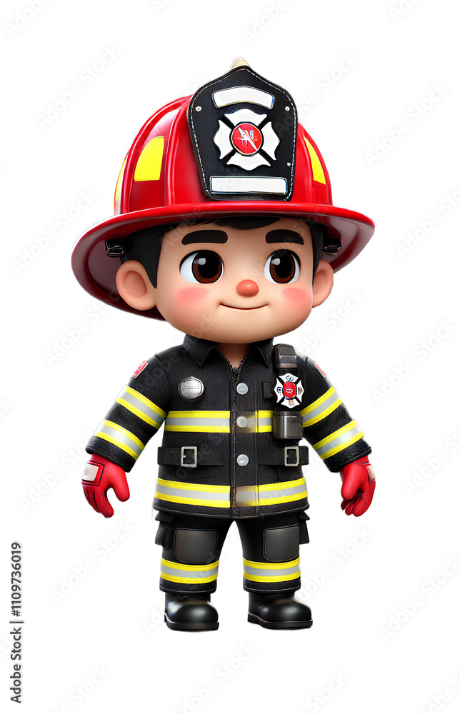 A cute cartoon firefighter in a red helmet, black uniform with yellow stripes, and red gloves. A cute cartoon firefighter in a red helmet, black uniform with yellow stripes, and red gloves.