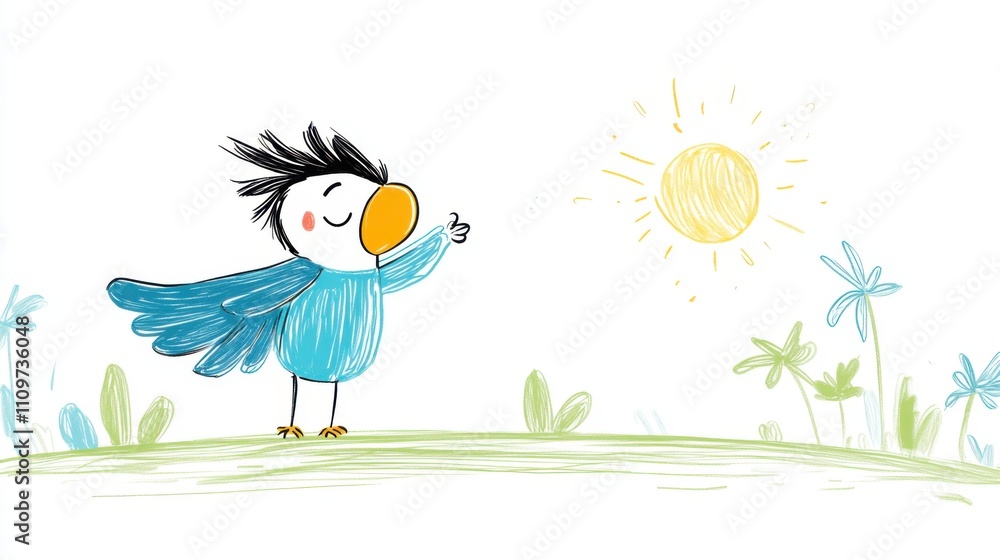 Cheerful cartoon bird enjoying a sunny day with vibrant colors and playful surroundings in hand-drawn style Cheerful cartoon bird enjoying a sunny day with vibrant colors and playful surroundings in hand-drawn style