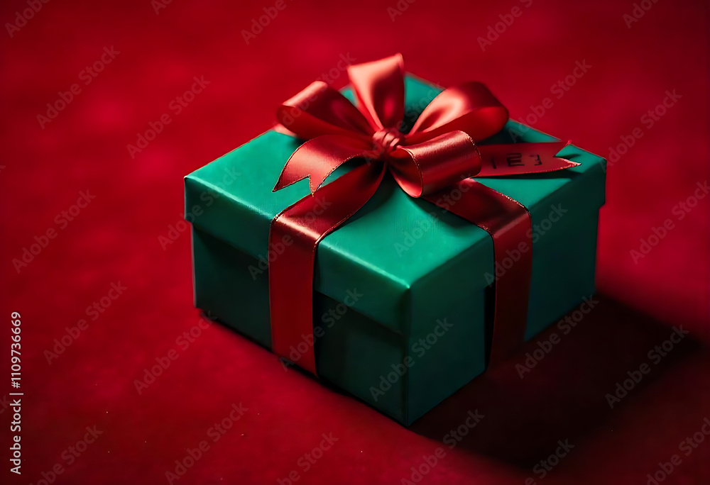 A beautifully wrapped green gift box with a vibrant red ribbon on a red background, perfect for Christmas or special occasions A beautifully wrapped green gift box with a vibrant red ribbon on a red background, perfect for Christmas or special occasions