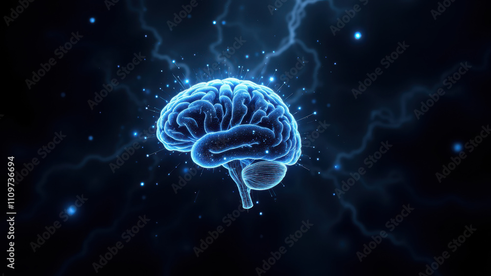 Obraz premium This image depicts an artistic representation of a human brain set against a cosmic backdrop with stars and lightning, symbolizing artificial general intelligence (AGI).