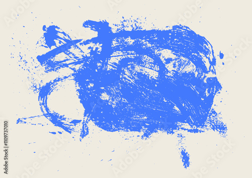 Blue paint brush stroke. Paint spot, text frame. Hand drawn abstract lines with grunge circle. Vector chaotic ink brush scribbles decorative. Template messy doodle, bold curvy lines illustration.