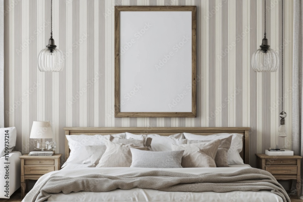 Elegant bedroom with a blank wooden frame above the bed, featuring light gray vertical striped walls, modern decor, a white sofa, bedside tables, and pendant lights. Elegant bedroom with a blank wooden frame above the bed, featuring light gray vertical striped walls, modern decor, a white sofa, bedside tables, and pendant lights.