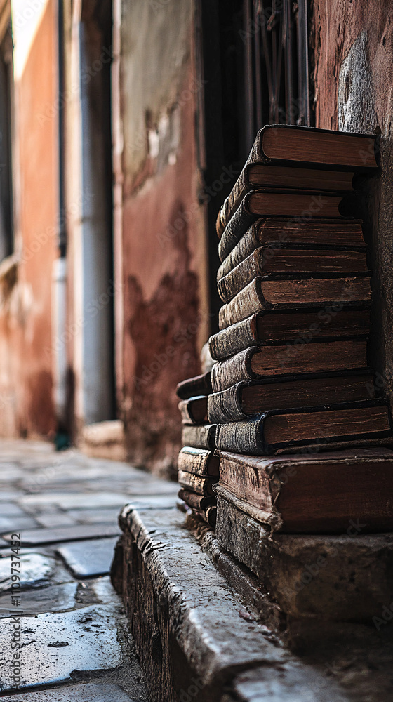 Obraz premium Stack of Vintage Books Against Weathered Wall in Rustic Lighting, Highlighting Aged Textures and Historical Charm