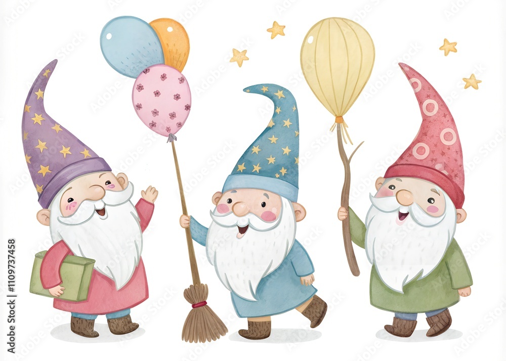 Naklejka premium A watercolor illustration of three magic gnomes with balloons on a white background. The gnomes are wearing pointy hats and have long beards. They are holding a wand, a broom, and balloons. 