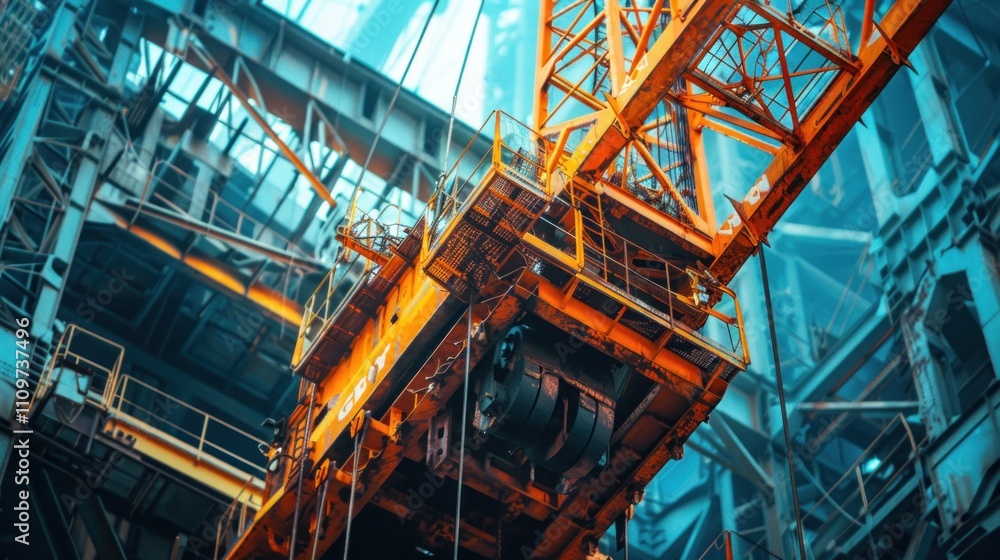 Low-angle view of a large industrial crane's undercarriage within a steel factory. Low-angle view of a large industrial crane's undercarriage within a steel factory.