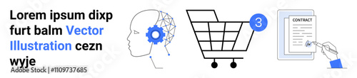 Human head integration with gears, shopping cart with notification, and electronic contract signing. Ideal for technology, artificial intelligence, e-commerce, online transactions, digital