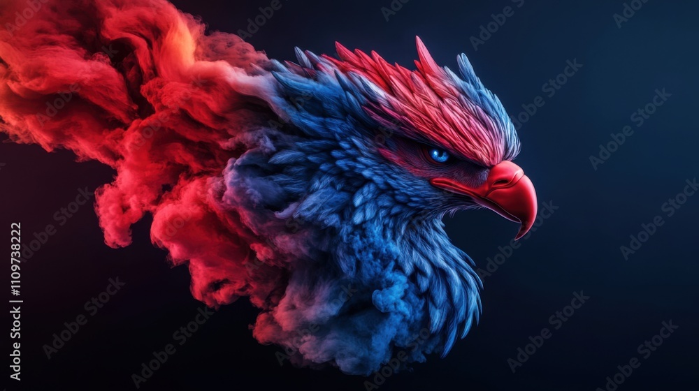 Fototapeta premium Vibrant and Colorful Fantasy Bird with Fiery Smoke Effects Radiating from Its Head, Symbolizing Power and Freedom in a Dark Background