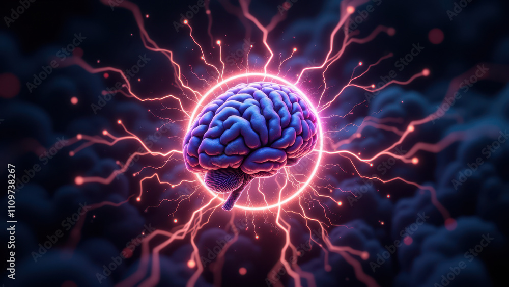 Fototapeta premium A futuristic depiction of artificial intelligence with a human brain emitting electric energy, signifying advanced cognitive power.