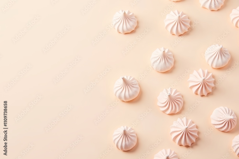 Elegant Pink Meringue Kisses in Diagonal Arrangement on Peach Background with Copy Space Elegant Pink Meringue Kisses in Diagonal Arrangement on Peach Background with Copy Space