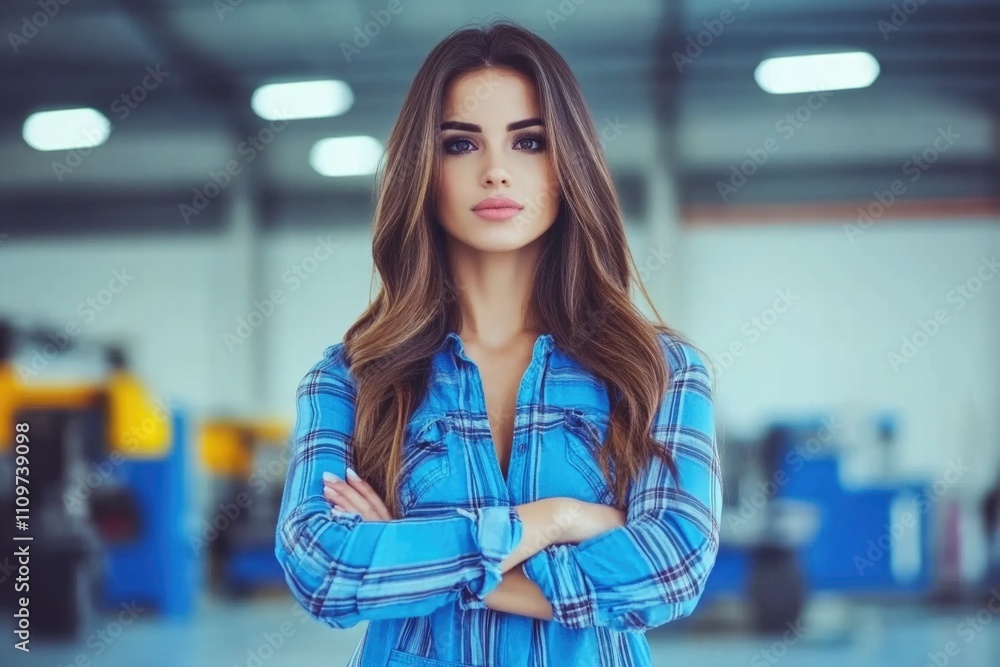 Confident young caucasian female in plaid shirt with crossed arms Confident young caucasian female in plaid shirt with crossed arms