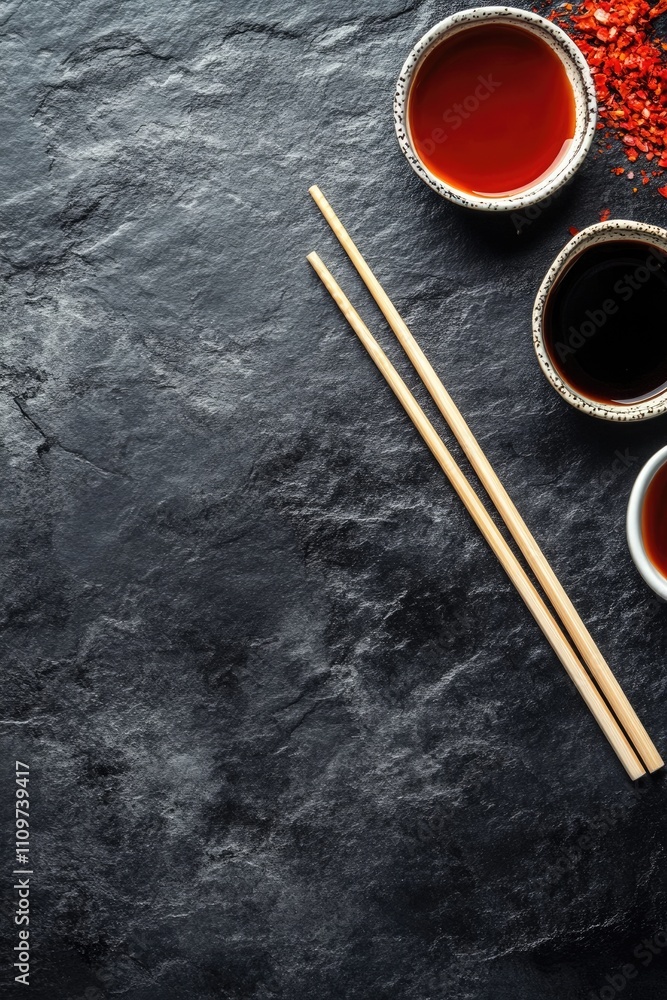 Chopsticks and Sauces on a Dark Rock Surface: Culinary Artistry Meets Asian Flavor Chopsticks and Sauces on a Dark Rock Surface: Culinary Artistry Meets Asian Flavor