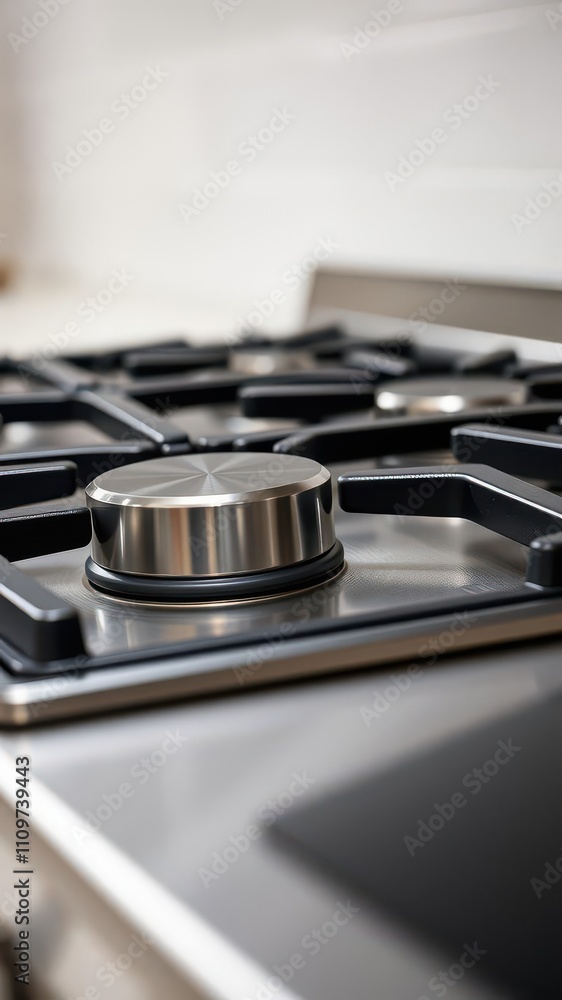 Close-up shot of a sleek stainless steel stove top with shiny knobs and grates, showcasing a modern and clean kitchen aesthetic, culinary, knobs Close-up shot of a sleek stainless steel stove top with shiny knobs and grates, showcasing a modern and clean kitchen aesthetic, culinary, knobs