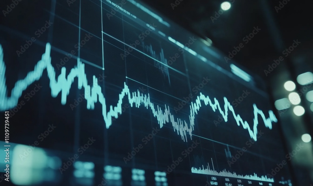 A blue line graph on a screen showing rising and falling lines, with light white lines on a dark background, representing data visualization in a business center or financial stock trading environment A blue line graph on a screen showing rising and falling lines, with light white lines on a dark background, representing data visualization in a business center or financial stock trading environment