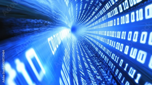 Fototapeta Naklejka Na Ścianę i Meble -  3D Render of a Blue Computer with Code Abstraction in a Cyberspace Environment