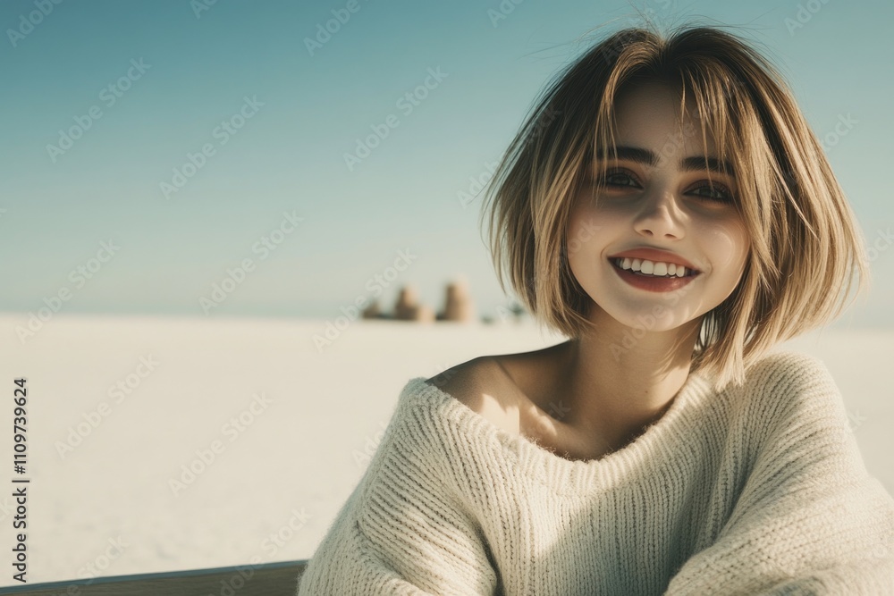 Smiling young caucasian female in sweater posing outdoors on a sunny day Smiling young caucasian female in sweater posing outdoors on a sunny day