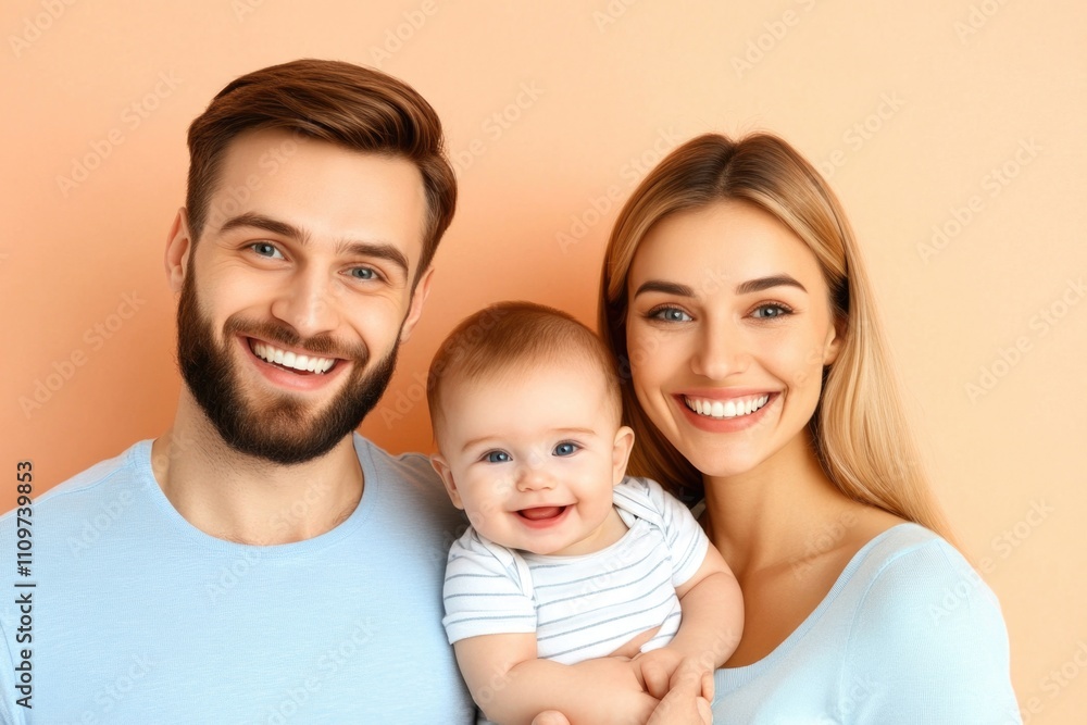 Happy caucasian family - young parents with baby smiling against peach background Happy caucasian family - young parents with baby smiling against peach background