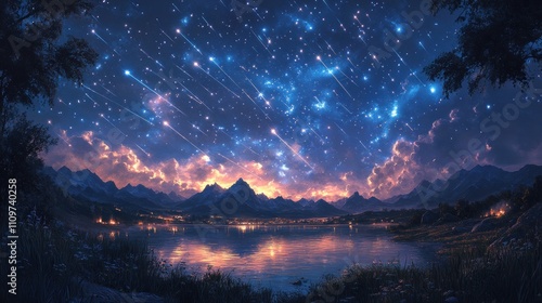 A picturesque scene of a mountain lake under a stunning night sky filled with shooting stars, illuminated by the setting sun.