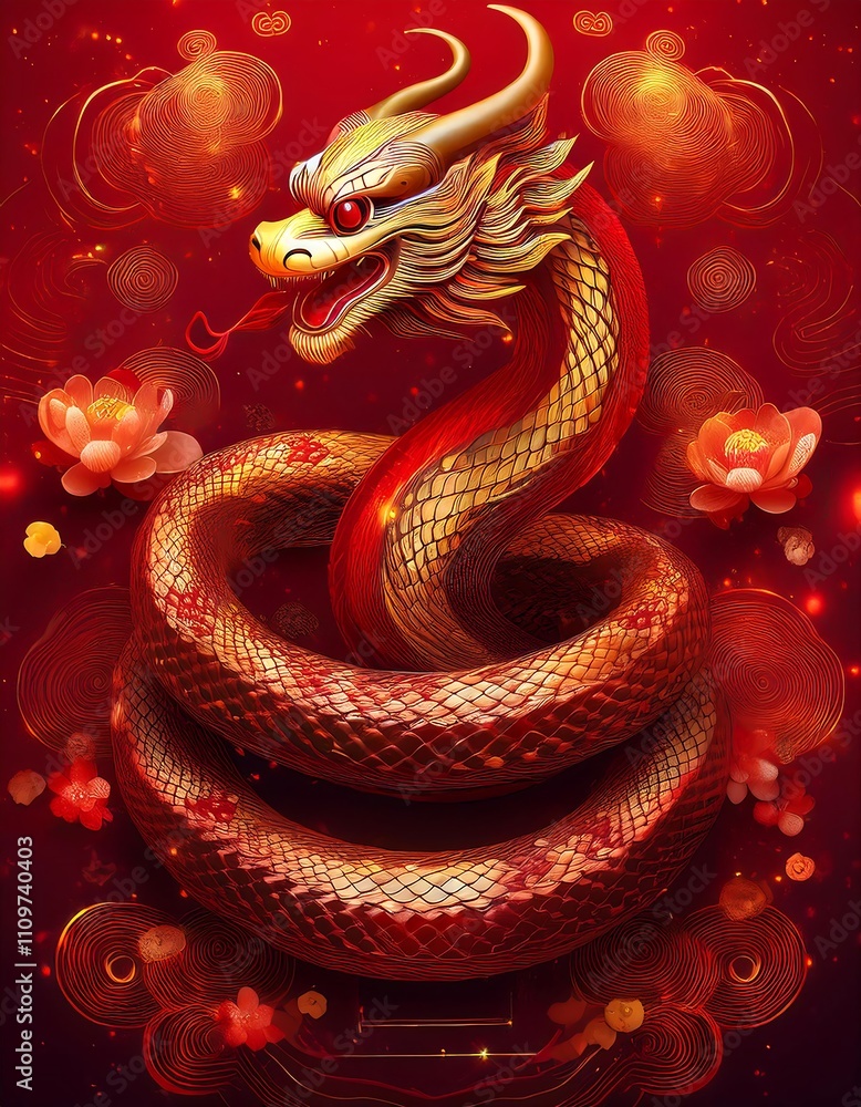 Fototapeta premium Red snake illustration celebrating Chinese New Year with dynamic pose and golden hues. Generative AI