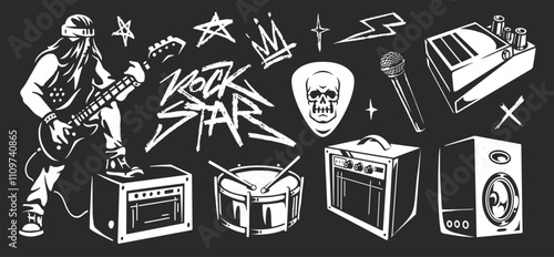 Rock star art featuring music elements and symbols