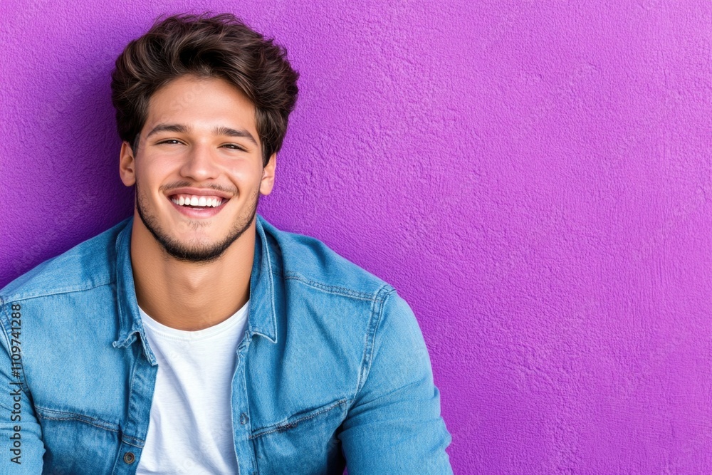 Fototapeta premium Smiling young hispanic male in denim jacket against purple background