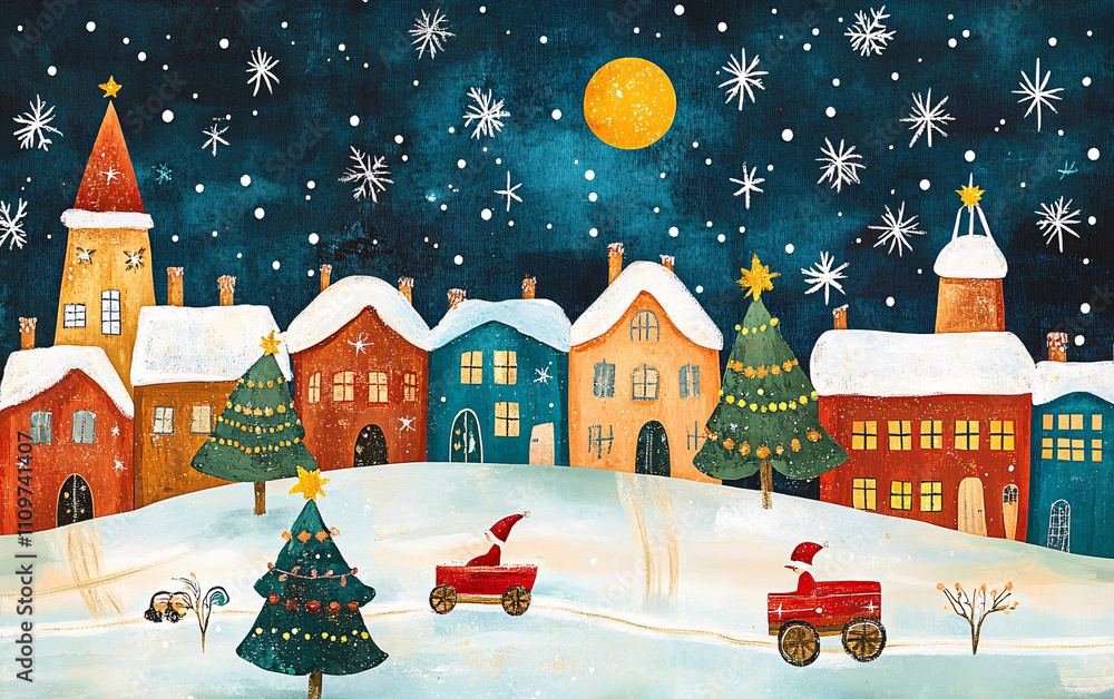 Naklejka premium Charming Winter Village Scene with Snow-Covered Rooftops, Colorful Houses, Starry Night Sky, and Festive Glow, Highlighting Peaceful Holiday Atmosphere