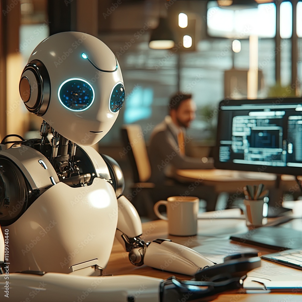 A humanoid robot works at a modern desk, showcasing advanced AI integration, automation, and the future of intelligent systems in professional environments.