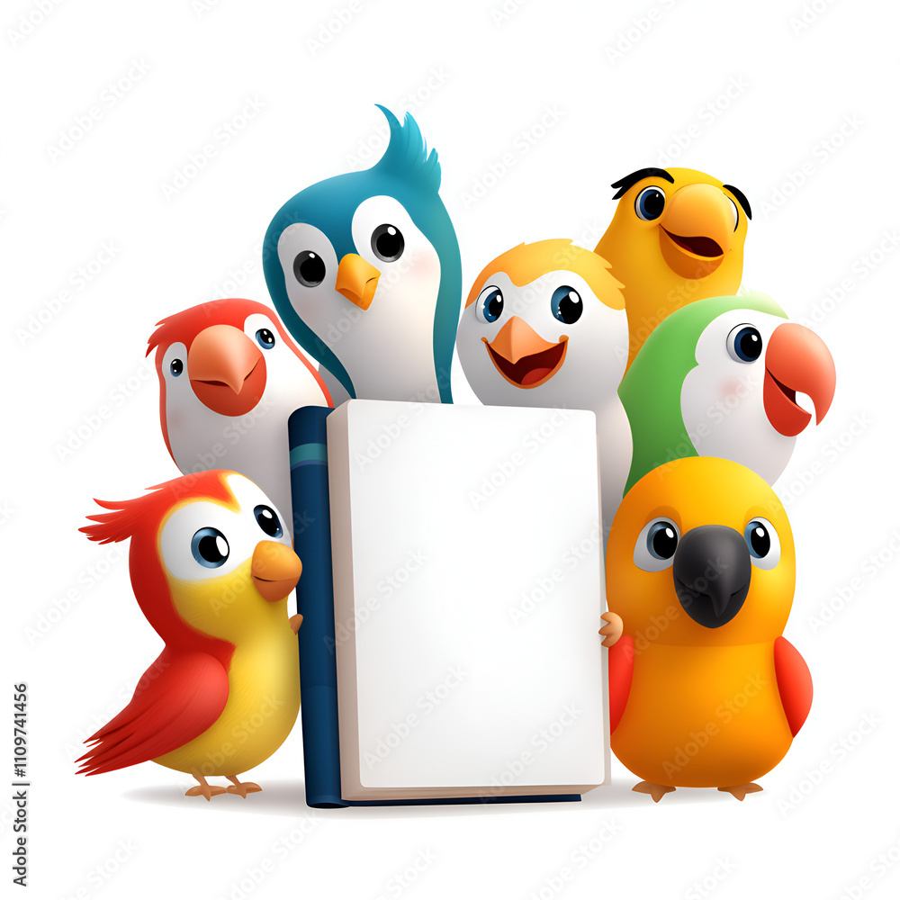 Fototapeta premium Colorful cartoon birds holding a blank book, showcasing friendship and creativity in a cheerful setting