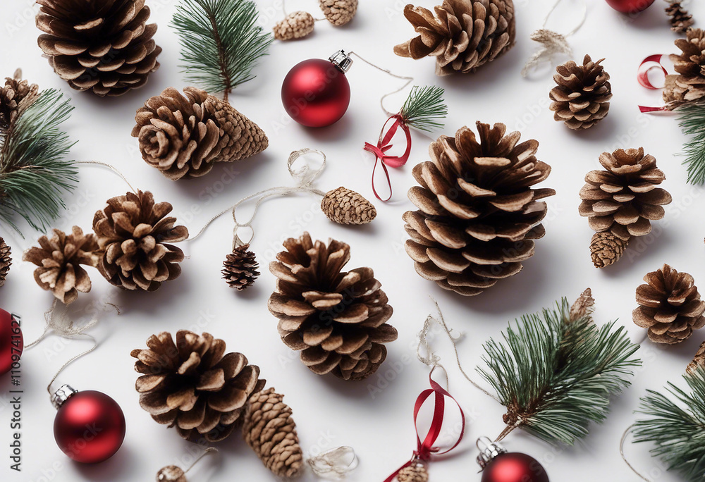 Flat lay of Christmas ornaments pine cones and festive decorations arranged on a white background tr Flat lay of Christmas ornaments pine cones and festive decorations arranged on a white background tr
