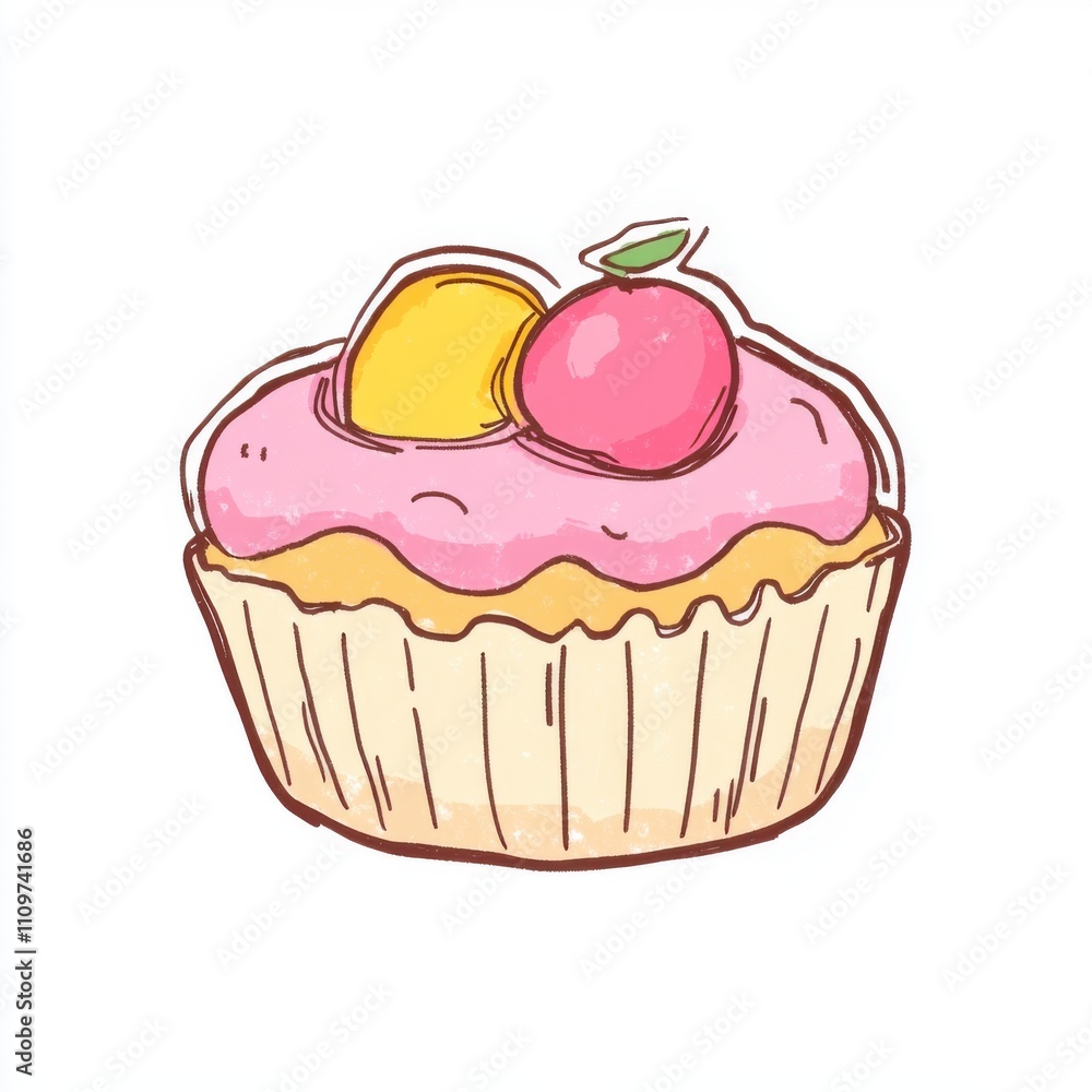 Hand-drawn cupcake with cream frosting and fruit toppings in pastel colors on a white background Hand-drawn cupcake with cream frosting and fruit toppings in pastel colors on a white background