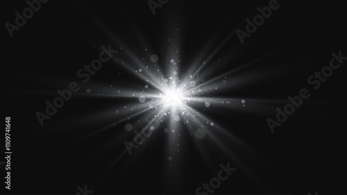Silver light effect. Black and white glitter star. Vector background