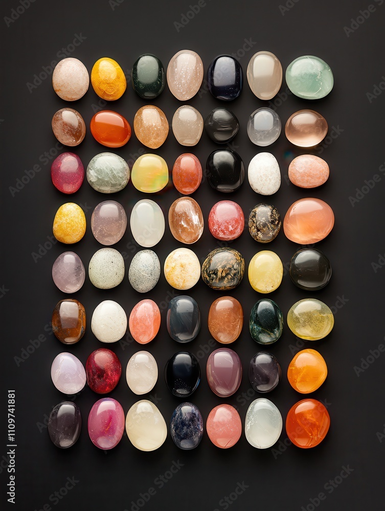 Symmetrical Composition of Oval Gemstones on Dark Background Symmetrical Composition of Oval Gemstones on Dark Background