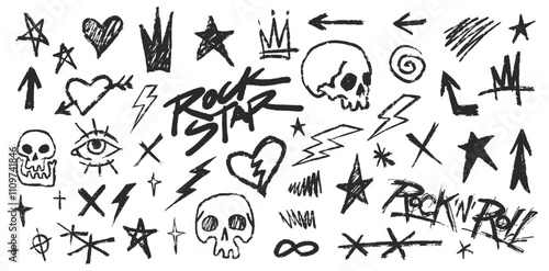 Rock star themed doodles of skulls and stars