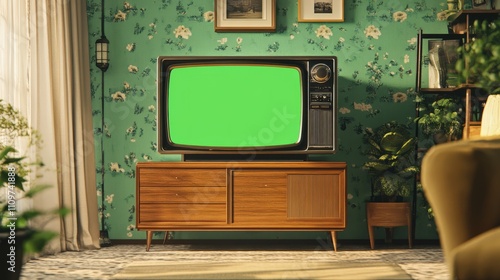 a sleek tv with a green screen sitting on a modern Stand 