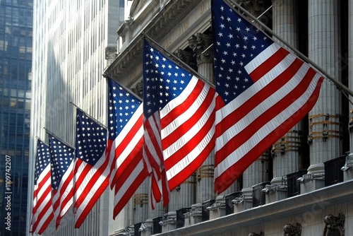American Flags Cascading in Front of Historic Structures in Manhattan's Financial District