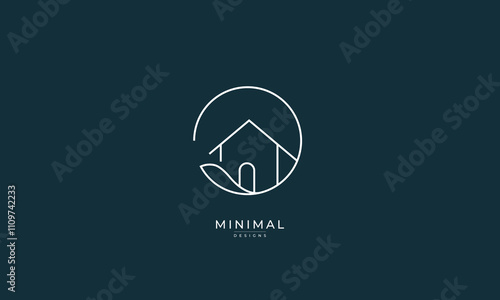 A line art icon logo of a house / home with a leaf circle	
